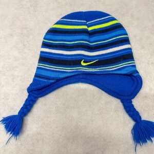 Nike Infant‎ Knit Beanie Blue Stripe Winter Hat Ear Flap Braided Tassel Cap